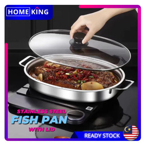 HOMEKING | Grilled Fish Pan with Glass Cover Steamer Tray Oval Grilled Fish Pan Stainless Steel Large Capacity Barbecue Grill Pan Kitchen Cookware Deepened with Lid Rust-proof Fish Steamer Home