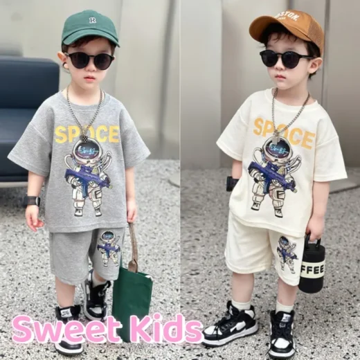 【Sweet Kids】Boys' t-shirt and shorts two-piece summer clothes cute cartoon astronaut pattern, 2-10 years old