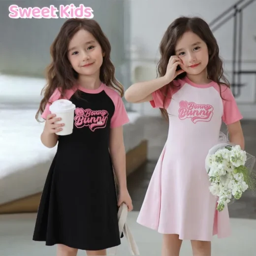 【Sweet Kids Deliver from Perak】 gadis Skirt gadis comel lengan pendek pakaian baju budak perempuan kasual fesyen kain lembut selesa untuk memakai model baru gaya korea