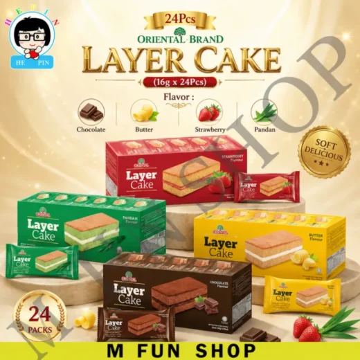 *Halal* 24Pcs Oriental Brand Layer Cake Flavor Chocolate / Butter / Strawberry / Pandan / Oriental Kek Lapis (±16g x 24Pcs)