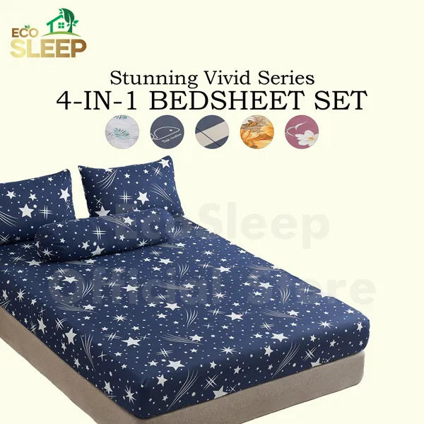 ECOSLEEP 4IN1 Queen / 2IN 1 Single Size Fitted Bedsheet Set Cadar Bergetah Keliling Sarung Tilam Bercorak