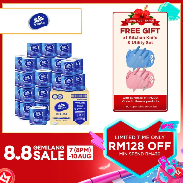 Vinda Deluxe Smooth Feel Toilet Tissue (27 Rolls) - Strong, Absorbent Tissue Paper Toilet Roll